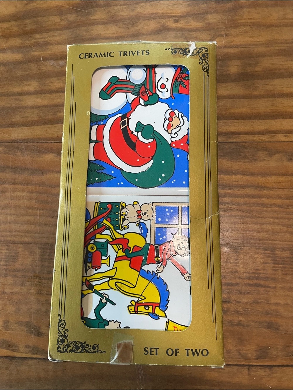 Vintage Christmas Holiday Ceramic Tile Trivets Set of Two Home Kitchen